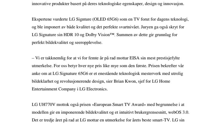LGs OLED vinner pris som beste eksklusive TV for femte år på rad 