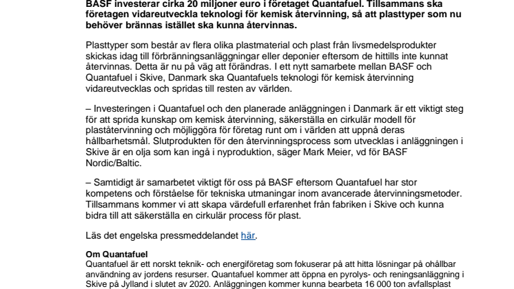 BASF investerar 20 MEUR i ny metod att återvinna tidigare ej återvinningsbar plast