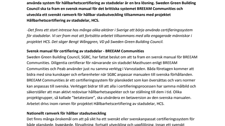 Sweden Green Building Council tar fram manual för certifiering av stadsdelar i Sverige 