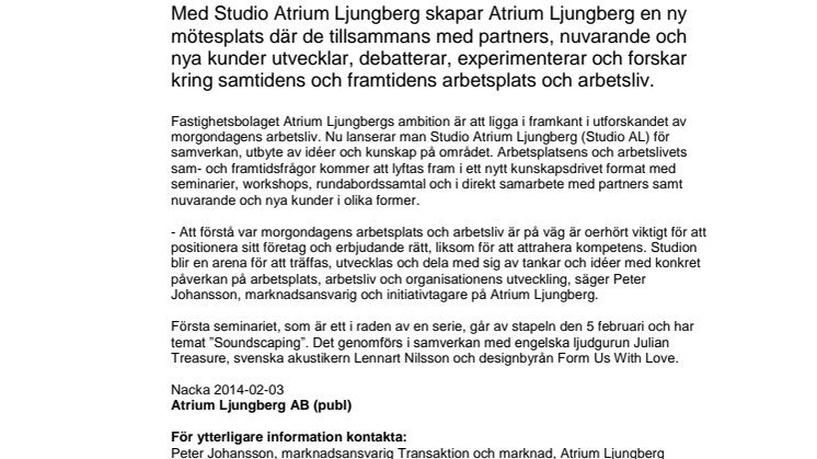 Atrium Ljungberg lanserar sin studio - en ny arena för arbetsliv