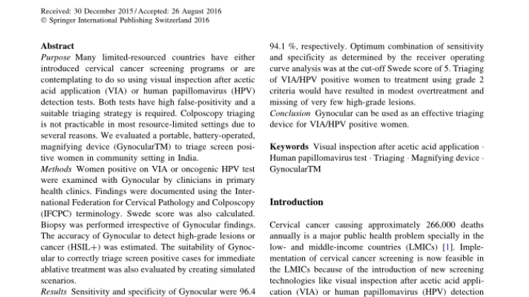 WHO Study show promising results using The Gynocular from Gynius AB, Sweden when screening woman for Cervical Cancer