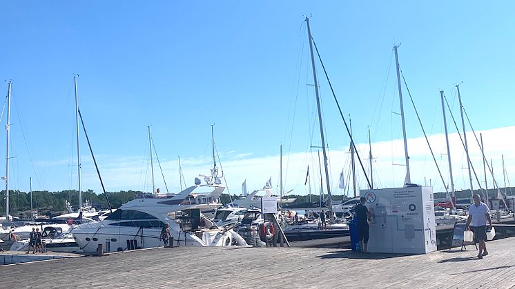 Water harvesting Bluewater dockside water station dispenses purified water to visiting yachties for drinking or cooking to visiting yachts at Sandhamn in the Baltic Sea