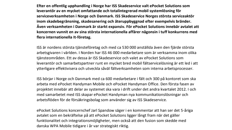ePocket Solutions vinner offentlig upphandling och får internationell mångmiljonorder av ISS Skadeservice för sitt mobila fältservicesystem - ePocket Handyman.