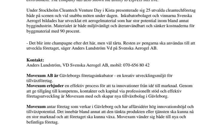Inkubatorbolaget Svenska Aerogel AB- Cleantech Company of the year