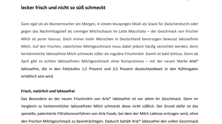 Pressemitteilung Arla laktosefrei