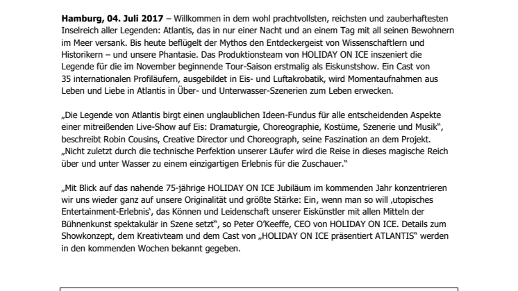 HOLIDAY ON ICE entdeckt ATLANTIS: neue Arena-Produktion startet in kommender Winter-Saison