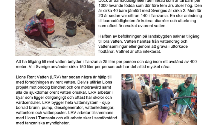 Lions Sverige bidrar med rent vatten i Tanzania -  70 000 personer har fått ökad livskvalité och projektet fortsätter