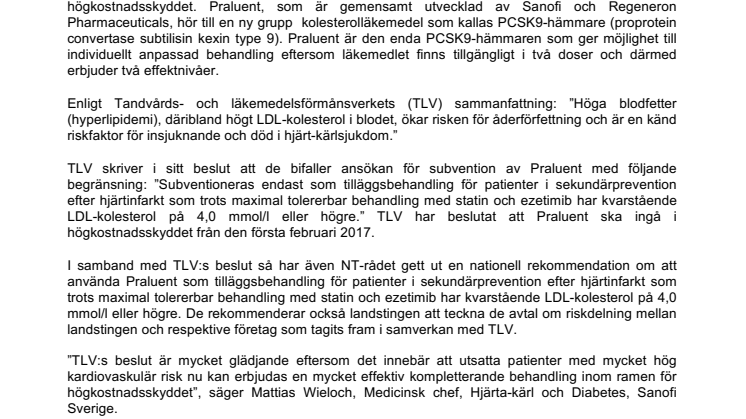 Praluent (alirokumab) nu godkänt inom läkemedelsförmånen - första PCSK9-hämmaren som ger individanpassad behandling av högt LDL-kolesterol 