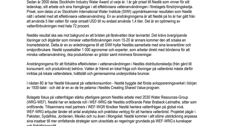 Nestlé får internationell utmärkelse; Stockholm Industry Water Award 2011
