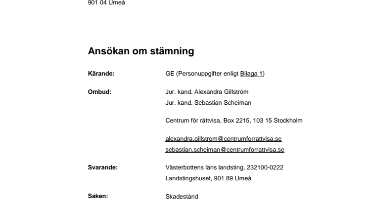 Stämningsansökan Västerbottens läns landsting 2015-07-07