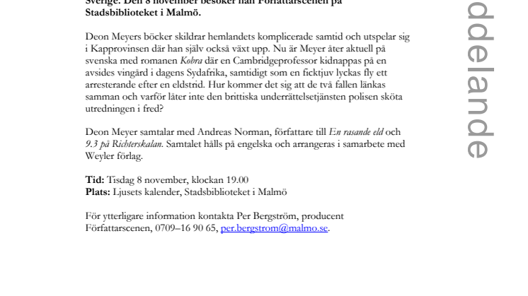Sydafrikanske deckarstjärnan Deon Meyer till Malmö