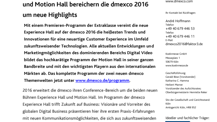 Top-Programm zur Premiere: Experience Hall und Motion Hall bereichern die dmexco 2016 um neue Highlights