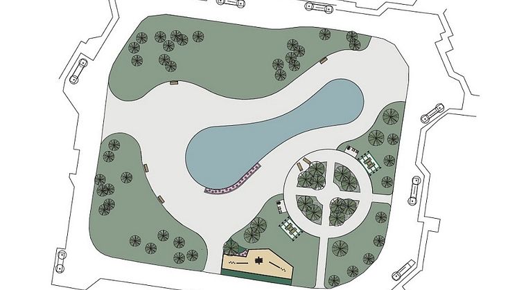 Skissen visar hur grönområdet och dammen vid Pålsjö östra kommer att renoveras. Arbetet startar i maj och planeras vara klart i september. Illustration: WSP.