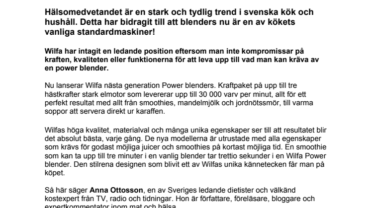 WILFA lanserar nästa generation Power Blenders, gör hälsa till vardag.