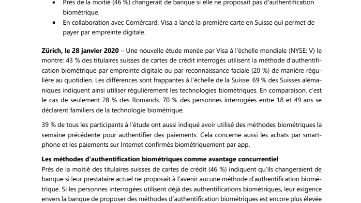 Étude Visa: Les méthodes d’authentification biométriques sont de plus en plus appréciées des titulaires suisses de cartes