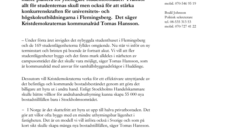 (KD) Fler studentbostäder i Huddinge!