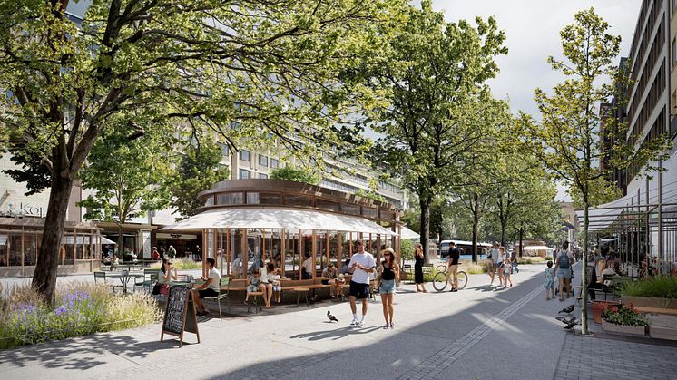 Genom att gångbanorna läggs närmre fasaderna skapas bättre kontakt med butikerna och en generös "grön" zon skapas under träden. Breda gångbanor med klassiskt "göteborgska" granithällar ger gott om plats att flanera. Visionsbild: Nyréns Arkitektkontor