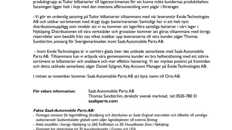 Saab Automobile Parts AB utökar sortimentet av Tudor bilbatterier 