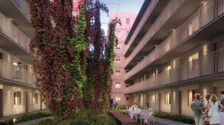 Husen i kvarteret Lysosomen i Hagastaden kommer att få vertikala rabatter. Illustration: Arkitema Architects.