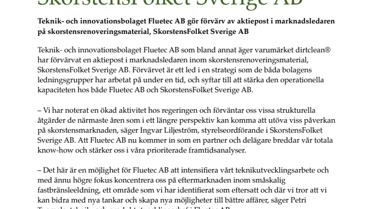 Fluetec AB förvärvar aktiepost i SkorstensFolket Sverige AB