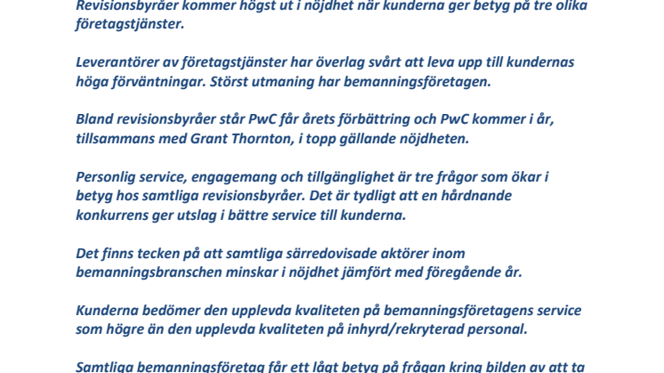 Företagstjänster 2011 enligt Svenskt Kvalitetsindex
