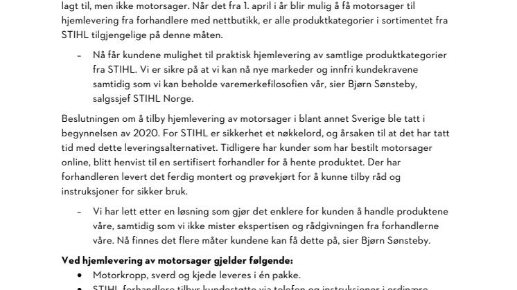 STIHL innfører hjemlevering av motorsager