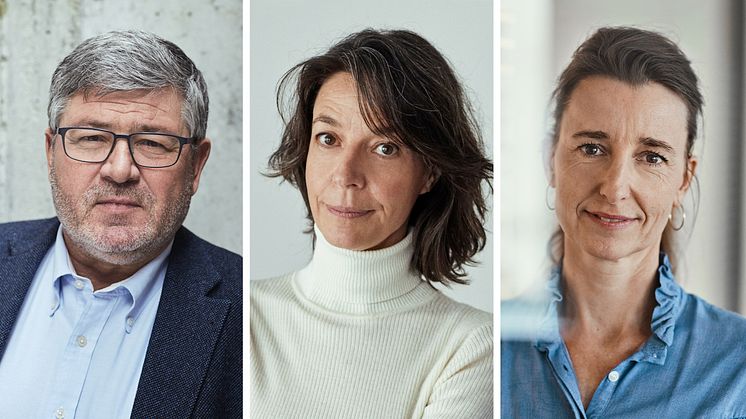 ”Vi kommer IKKE til at trække allerede bevilgede midler tilbage," siger direktør i Bikubenfonden Søren Kaare-Andersen, her med cheferne for hhv. kunst- og socialområdet, Mette Marcus og Sine Egede. 