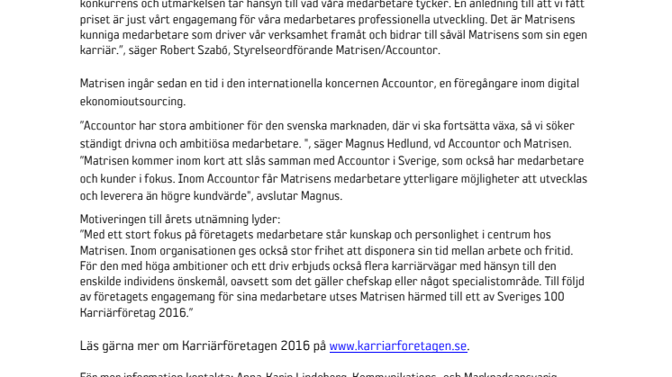 Matrisen utsett till ett av Sveriges bästa karriärföretag tredje året i rad