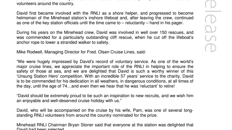 Fred. Olsen Cruise Lines recognises RNLI’s ‘Unsung Station Hero’ with sunshine cruise holiday prize