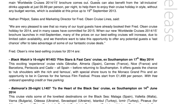 ‘Get booking’ on Fred. Olsen Cruise Lines’  best-selling 2014 cruises to avoid price rises