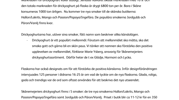 Nya flaskor och nya smaker på Skånemejeriers drickyoghurt