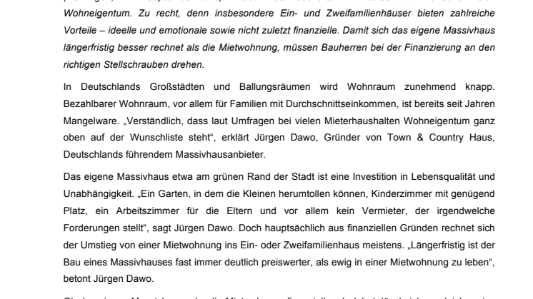 Town & Country-Verbrauchertipp: Massivhaus schlägt Mietwohnung