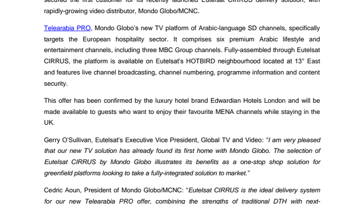 ​Mondo Globo selects Eutelsat CIRRUS to launch new Arabic TV offer 