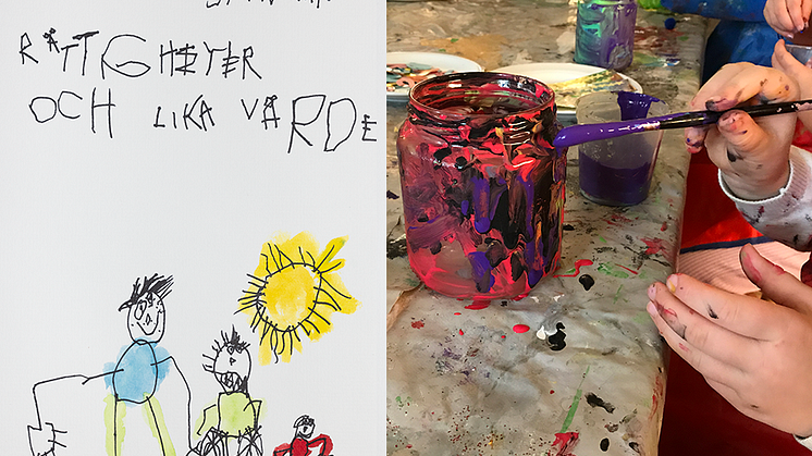 Kreativ verkstad på förskolor inför firandet av Barnkonventionen. Till vänster, teckning från Hjärnarps förskola. Till höger, lyktmålning på Äventyrets förskola.