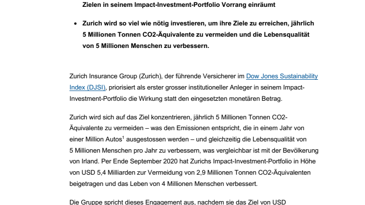 Zurich stellt Umwelt- und soziale Ziele in den Mittelpunkt der Impact-Investment-Strategie