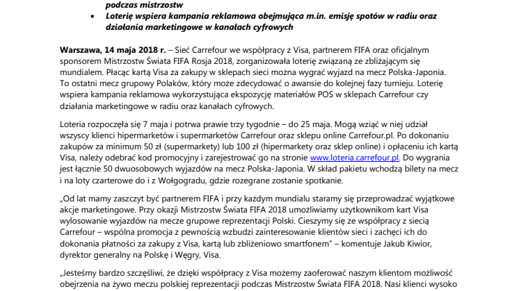 50 wyjazdów na mecz Polska-Japonia dla posiadaczy kart Visa w loterii sieci Carrefour