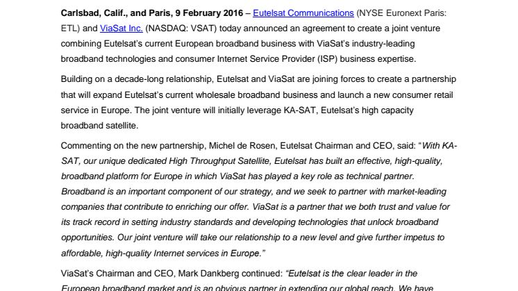 Eutelsat and ViaSat Forming Joint Venture to Expand  Satellite Broadband in Europe 