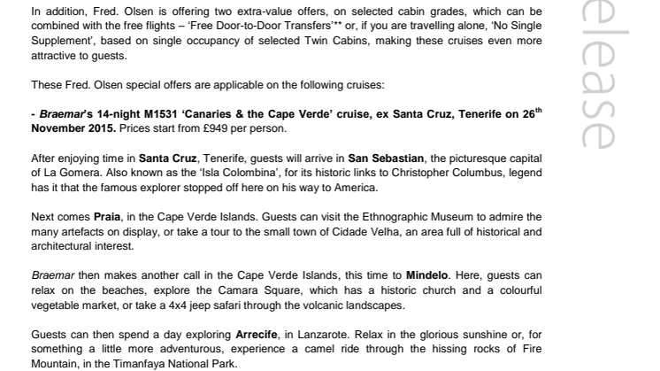 Free flights on two Canaries Winter sunshine cruises with  Fred. Olsen Cruise Lines – book by 31st August 2015