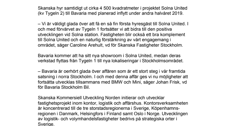 Skanska förvärvar fastighet i Solna för cirka 300 miljoner kronor och gör första uthyrningen i projektet Solna United