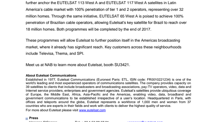 Eutelsat expands cable reach into over 50 million homes across the Americas 