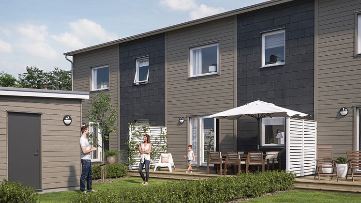 Illustration av trädgårdssida med altan & gräsmatta, BoKlok Bangården i Kävlinge