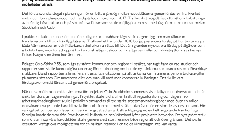 Regioner och kommuner vill ha tydligare svar om snabbare järnvägsförbindelse mellan Oslo-Stockholm