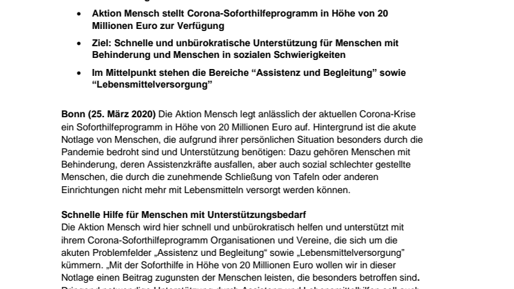 Corona-Krise: Aktion Mensch startet 20 Millionen Euro-Soforthilfeprogramm