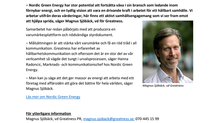 Nordic Green Energy väljer Greatness PR