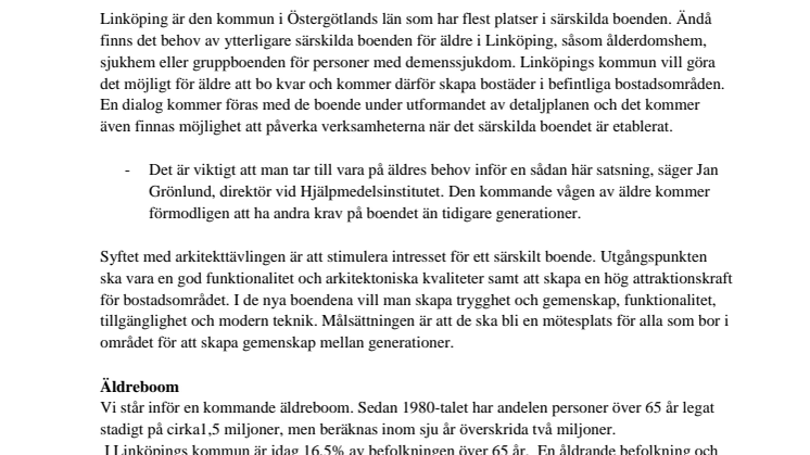 Linköping arrangerar arkitekttävling om särskilda boenden för äldre   