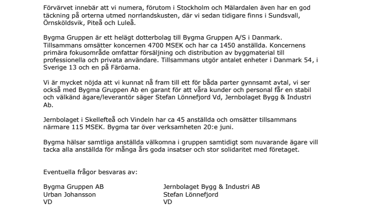 Pressrelease Bygma Jernbolaget