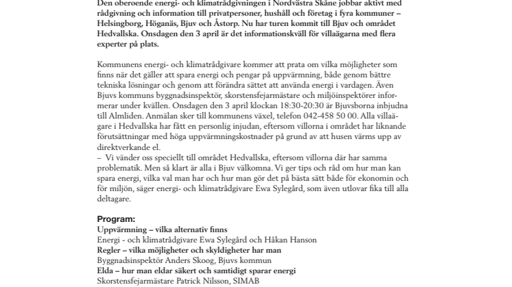 Energi- och klimatrådgivningen arrangerar informationskväll i Bjuv
