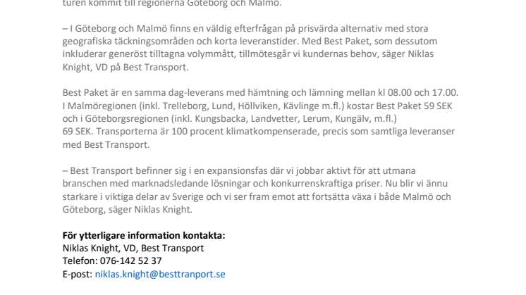 Best Transport utmanar marknaden i Göteborg och Malmö