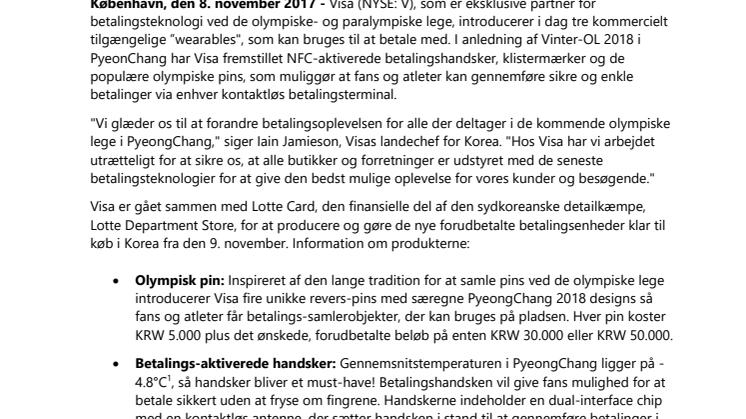 Visa introducerer nye ”wearables” til betaling for fans ved vinter-OL 2018 i PyeongChang 