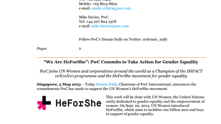 “We Are HeForShe”: PwC Commits to Take Action for Gender Equality 